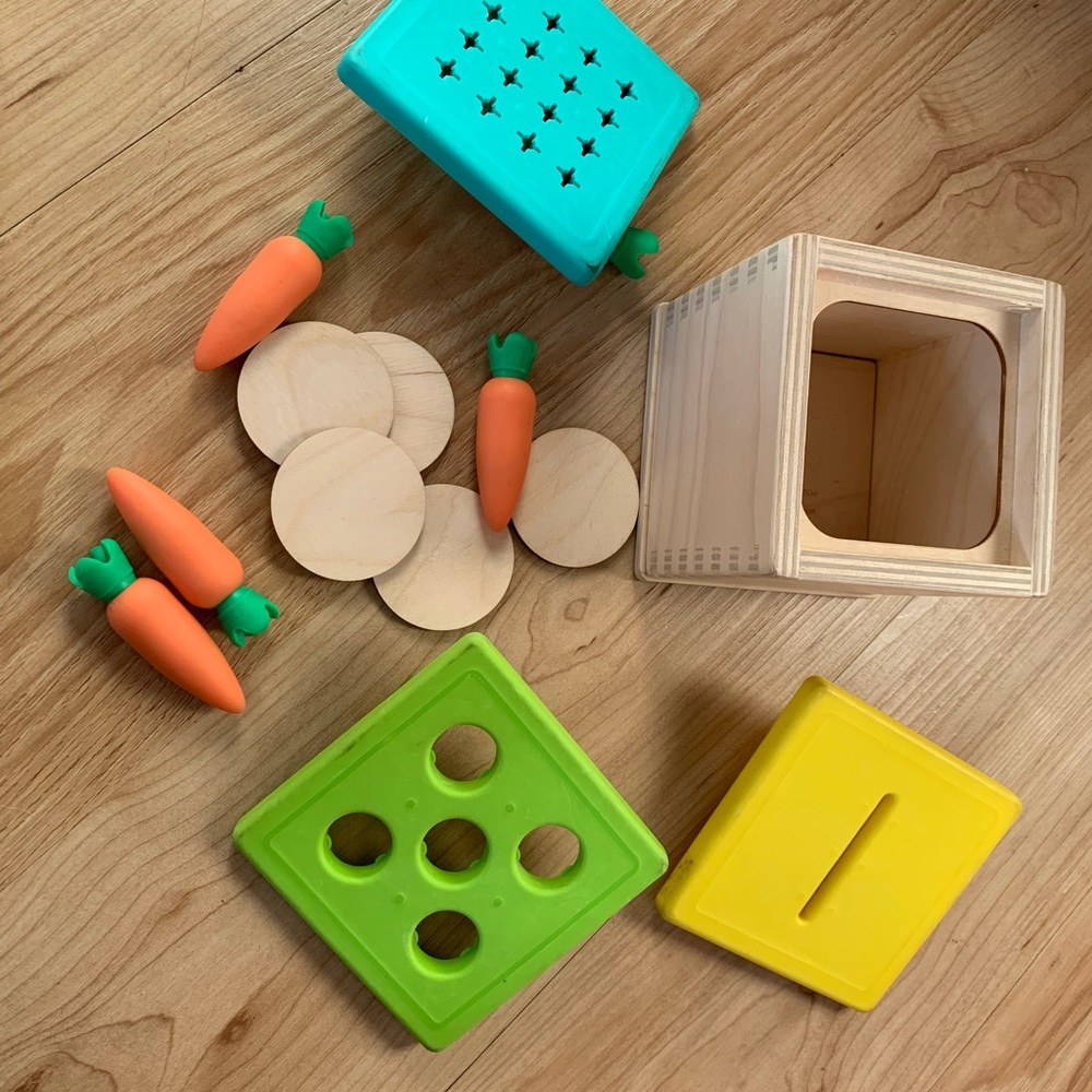 Lovevery wooden drop box with 3 different lids